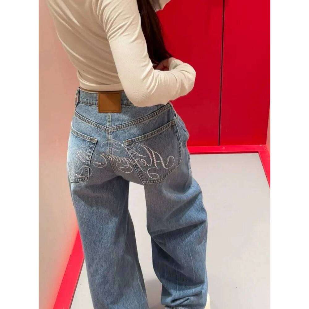 2025 Ropa Y2K Style Letter Hot Fix Rhinestone Baggy Stacked Jeans Pants For Women Clothing Luxury Wide Leg Lady Denim Trousers X251224