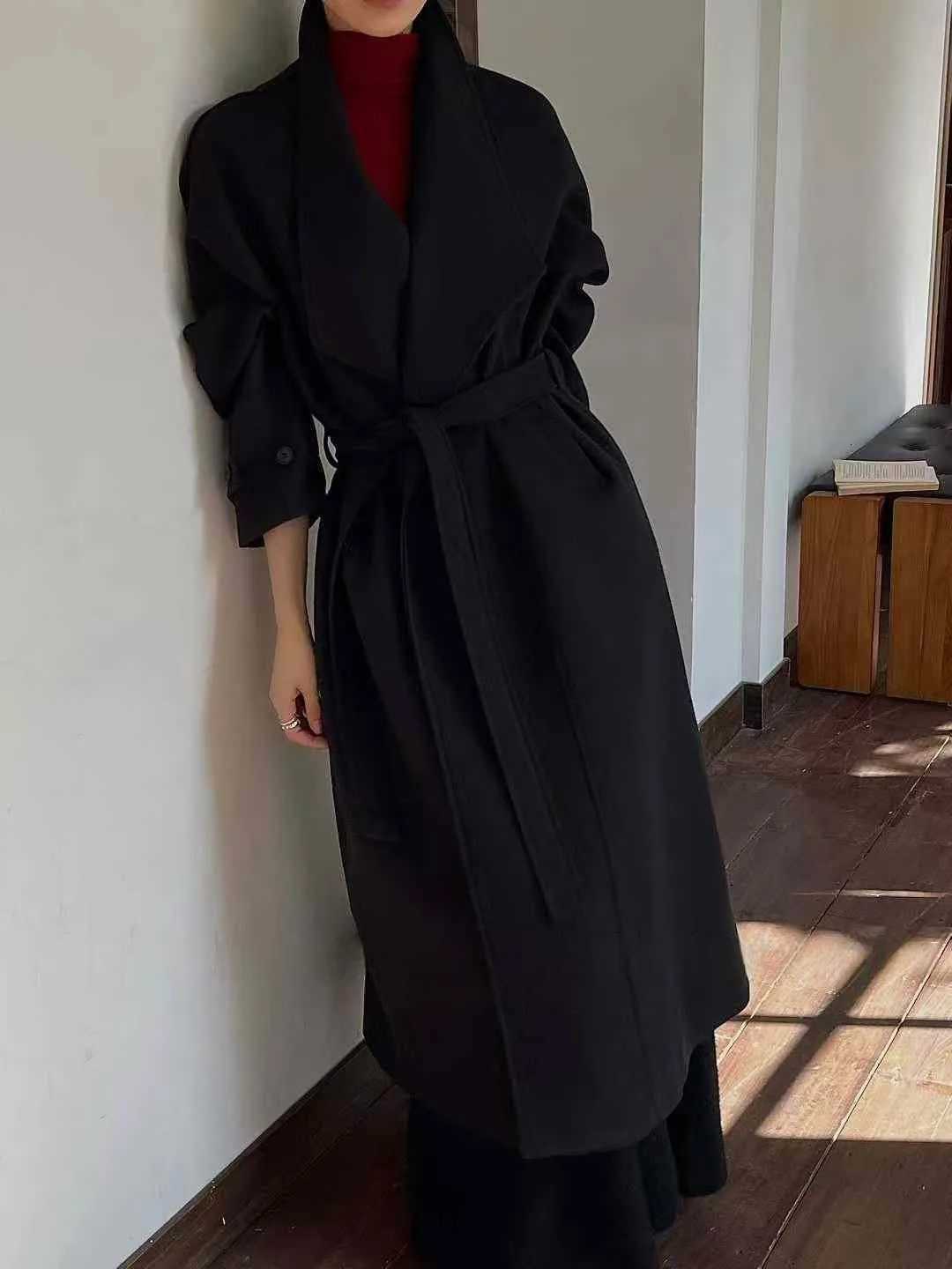 BJTZ Solid Color Big Lapel Designer Long Woolen Jacket For Woman 2025 Autumn Winter New Trend Belted Tie-waist Wool CoatT251224