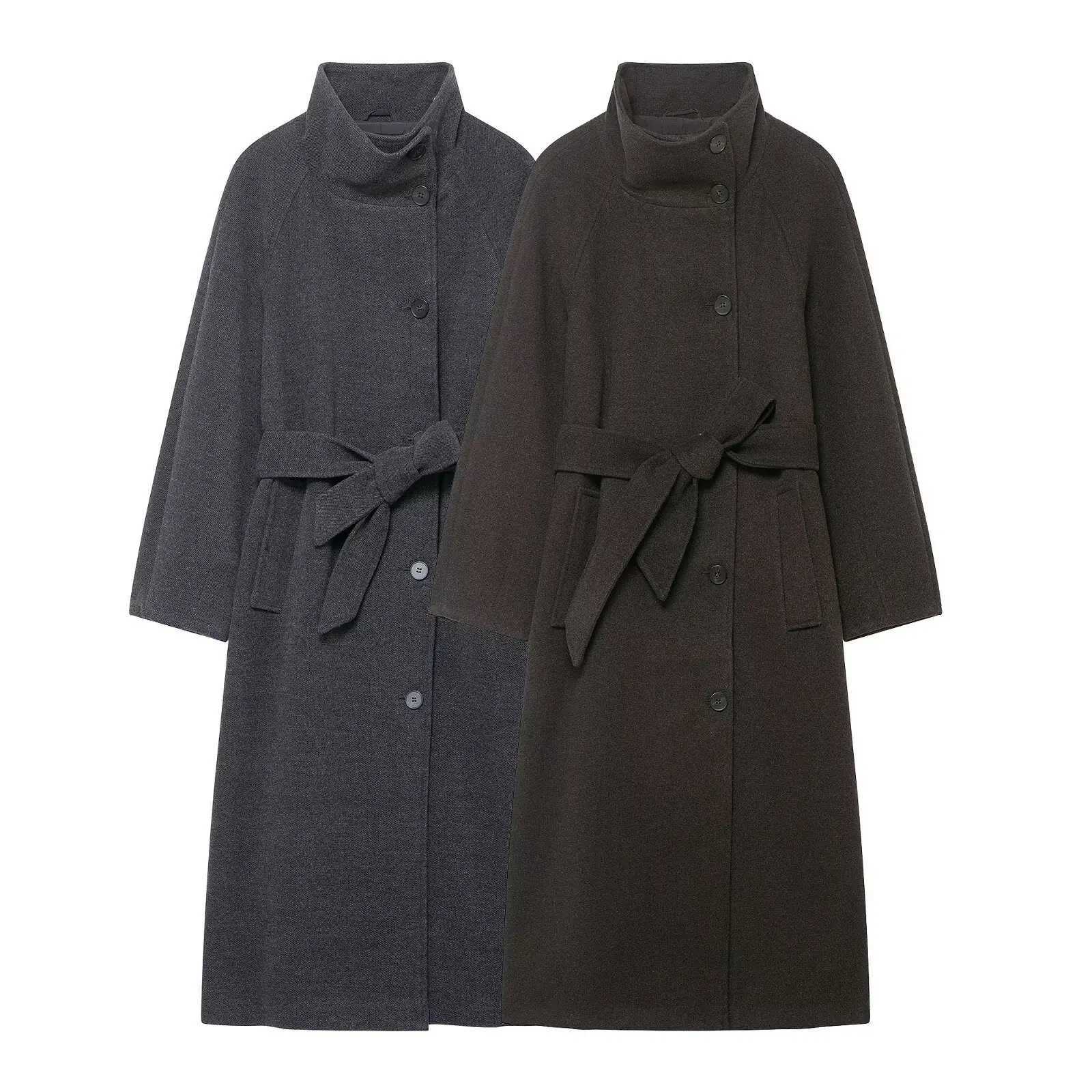 Womens Single Breasted Woolen Loose Overcoat New Long Coat Stand-up Collar Belt Female Autumn Winter Chic Casual OvercoatT251224