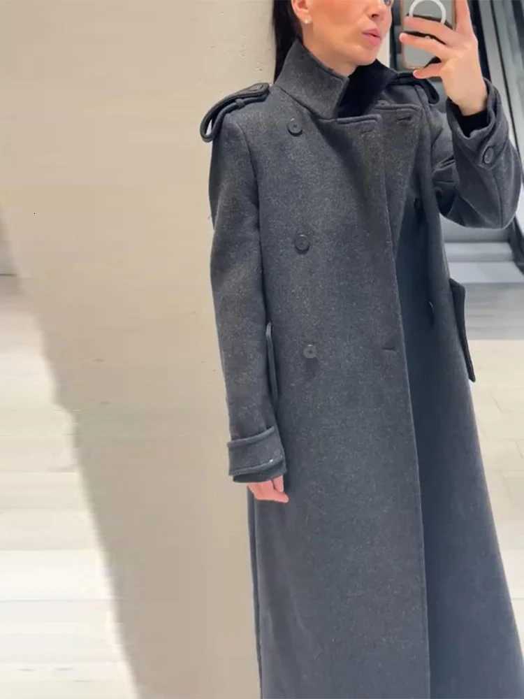 Casual Long Woolen Women Coat Fashion Stand Collar Full Sleeve Double Breasted Female Outwear 2026 Spring Autumn Lady StreetwearT251224