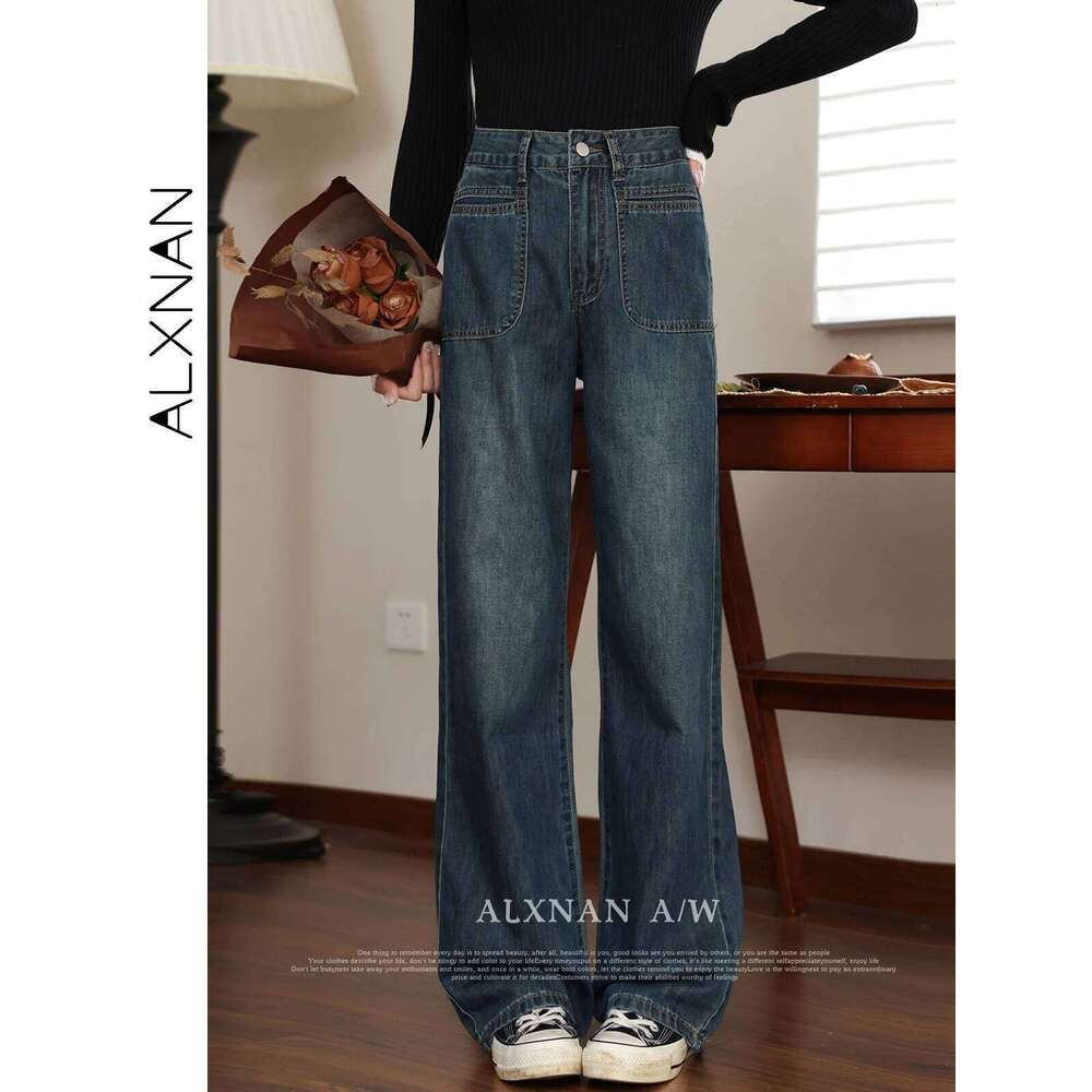 AlXNAN Women's Vintage Denim Blue High Waist Baggy Jeans 2025 Spring New Casual Loose Wide Leg Long Pants Ladies LXN320106 X251224