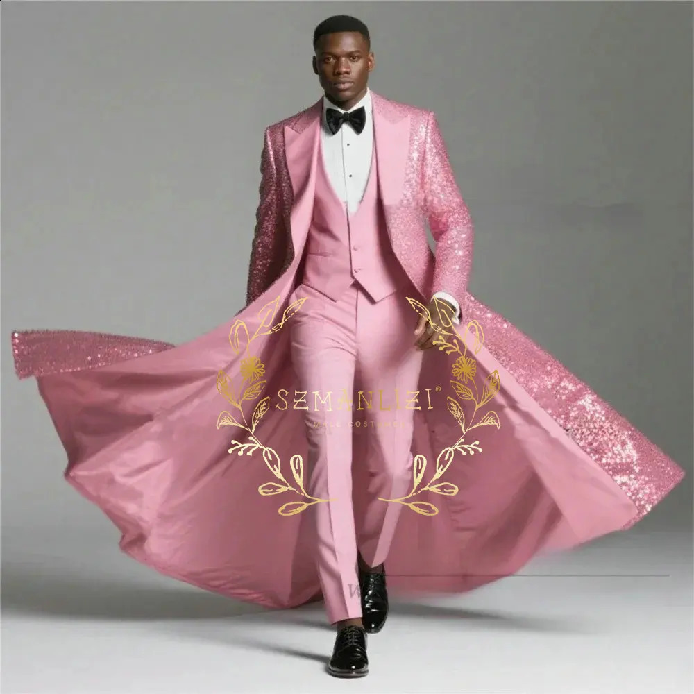 Burgundy Shiny Sequin Suits Men 3 Pieces Sets Single Breasted Groom Long Blazer Costume Homme Wedding Tuxedo Male Clothing 251223