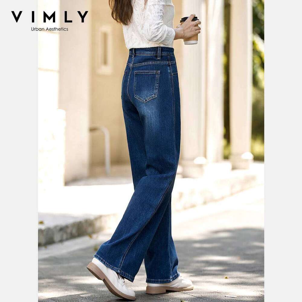 VIMLY Blue Denim Woman Pants Autumn Vintage 2025 New Straight Pockets Wide Leg Female Jeans Casual Button Trousers Ladies 75180 X251224