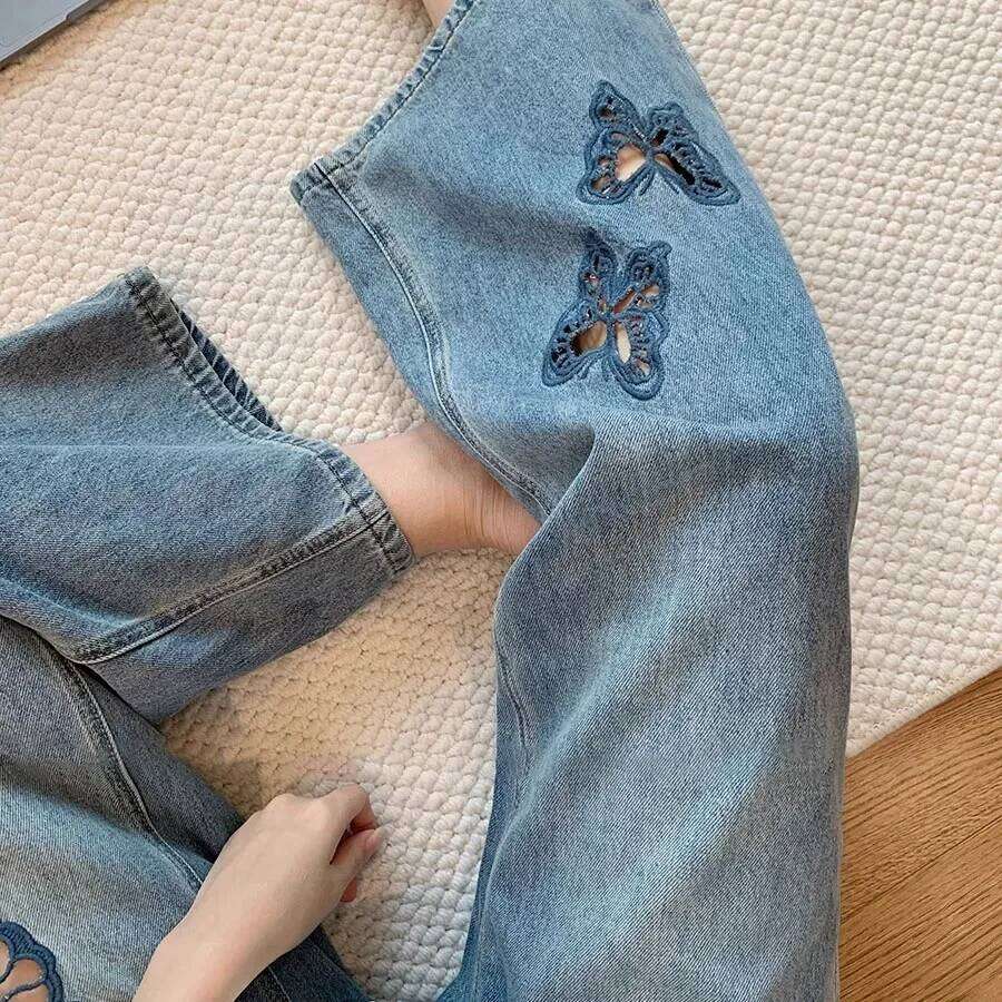 Y2K Blue Jeans Women Retro Hollowed Butterfly Straight Pants Nine Tenths Wide Leg Autumn Design Sense X251224