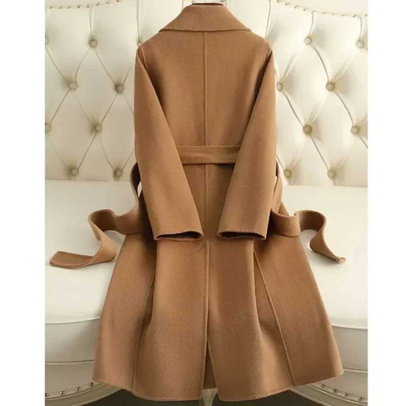 2025 Autumn Winter Fashion Cashmere Woolen Women Jacket Long Coat Streetwear Leisure Elegant Solid Female OuterwearT251224