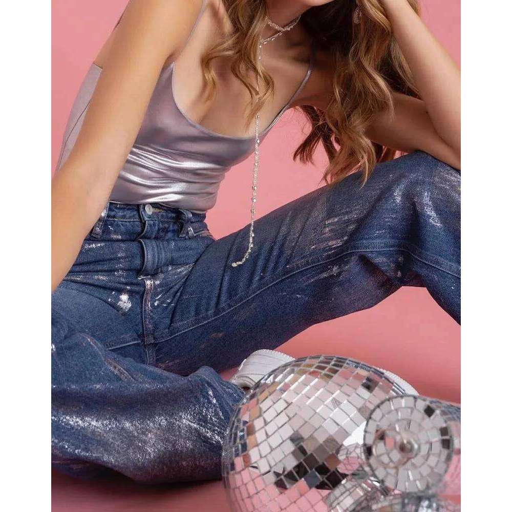 Metallic Baggy Fashion Y2K Blue Jeans High Waist Loose Vintage Straight Wide Leg Cool Design Denim Pants for Women X251224