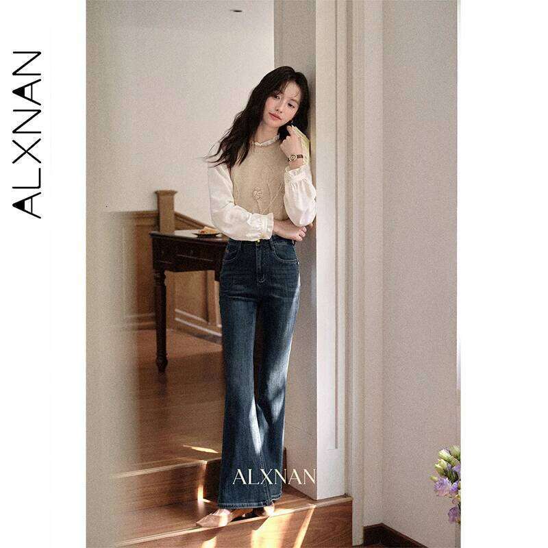 ALXNAN Vintage Blue Flared Women's High-waist Slim-fit Cotton Denim Jeans 2025 Autumn Winter Casual Female Pants L57012 X251224