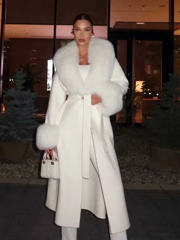 Fashion Fur Patchwork Woolen Coat Women Elegant Full Sleeve V-neck Lace Up Loose Long Overcoat 2025 Lady Winter Commute OutwearT251224