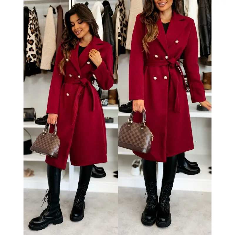 Womens Woolen Coat Autumn Winter Vintage Elegant Double Breasted Trench Coat Women Brown Long Sleeved Midi Windbreaker JacketT251224