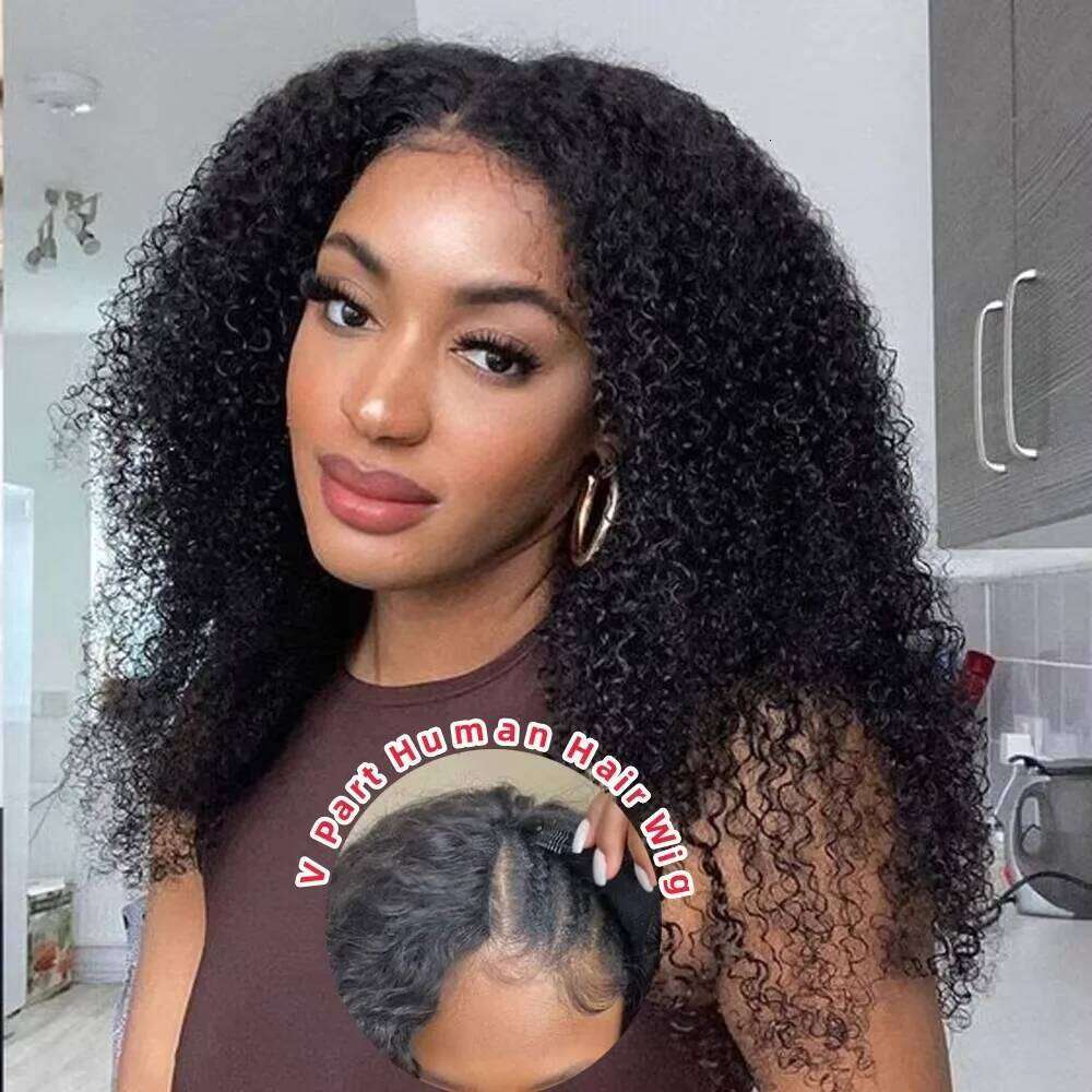 300% Kinky Part Leave Out Upgrade Deep Wave Curly V Shape No Glue Half Wig Human Hair For Women
