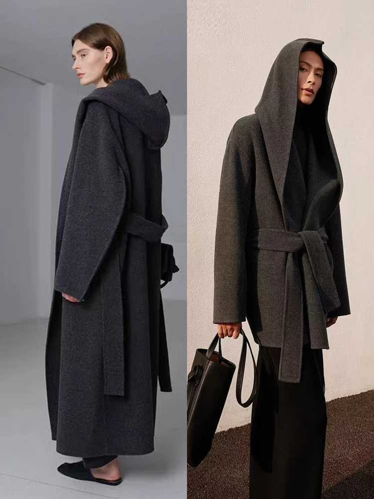 Office Lady Cashmere Woolen Blended Hooded Jackes 2025 Autumn And Winter Loose Bathrobe Lace-Up Tie Womens Long Wool CoatsT251224