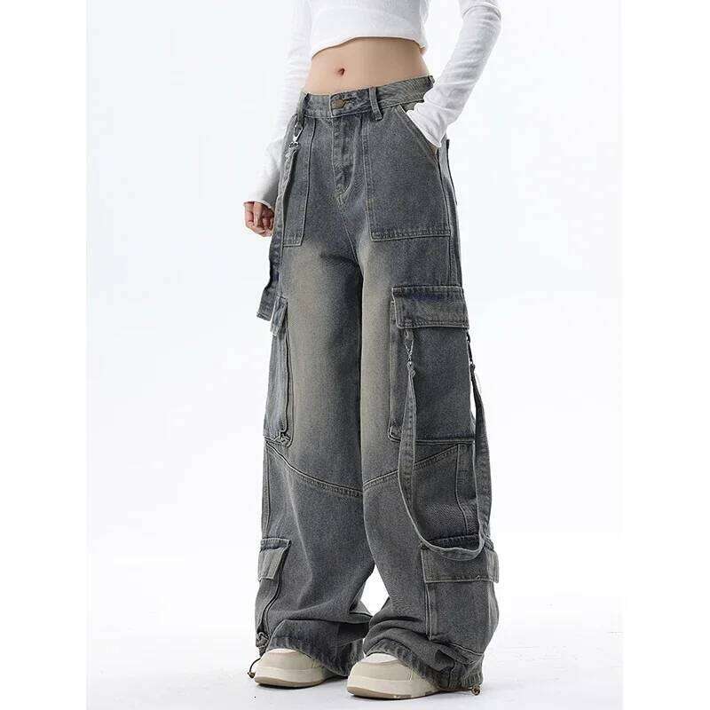 Women Blue Jeans Cargo Streetwear High Waist Wide Leg Pants Fashion Y2K Style Female Winter Straight Trousers X251224