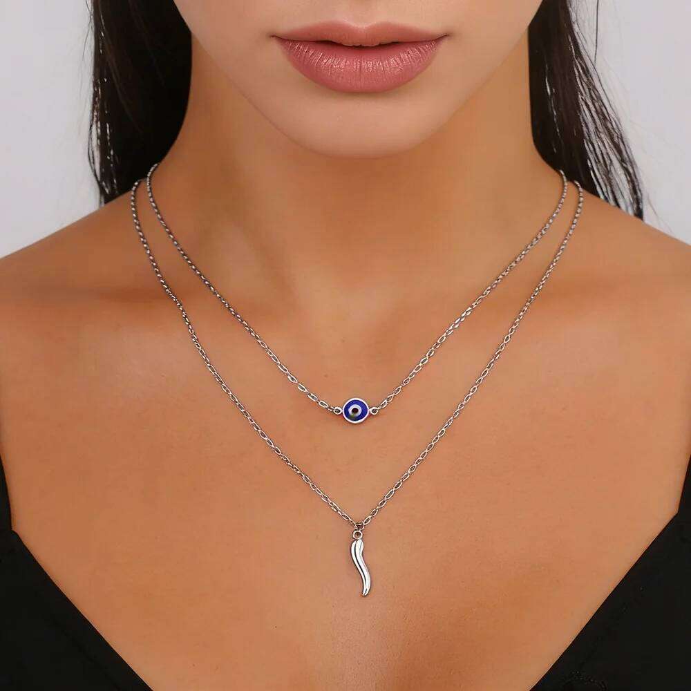 Evil Eye Italian Horn Necklace Stainless Steel Gold Color Double Layer Necklaces Good Luck Protection Jewelry Gift for Women 25H1224