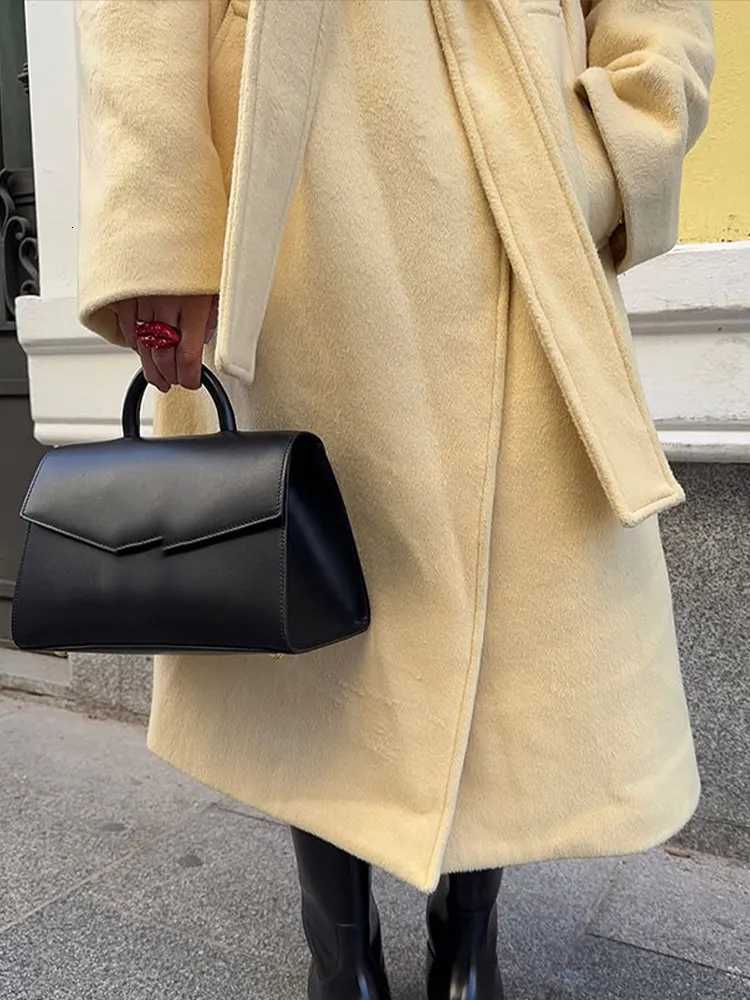 Fashion Turtleneck Lace Up Overcoat Women Elegant Yellow Casual Stand Collar Pocket Loose Outerwears Lady Commute Office JacketT251224