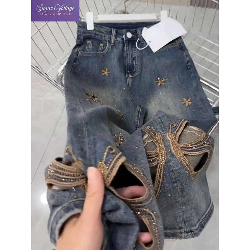 Butterfly Rhinestone Jeans Women Y2K Summer High Waist Wide Leg Straight Pants Distressed Hollow Out Loose Fit Denim Trousers X251224