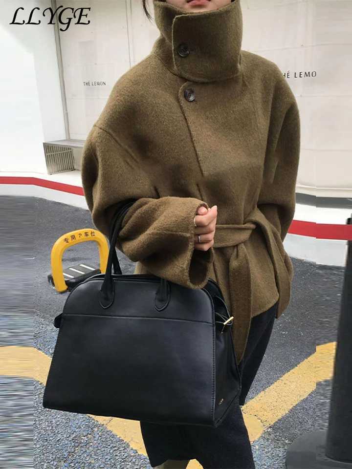 Street Womens Belt Stand Collar Woolen Coats Chic Single Breasted Full Sleeve Jacket 2025 Autumn Winter Lady Commute OutwearT251224