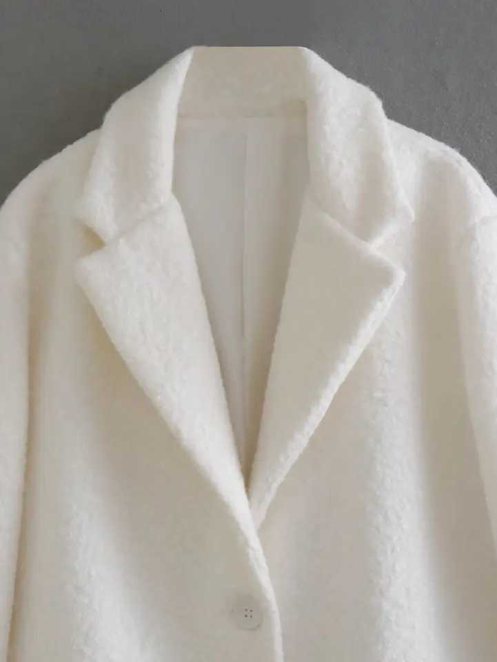 2025 Autumn Winter Women Solid White Woolen Long Cashmere Coat Fashion Blends Long Sleeve Single-Breasted Elegant OutwearT251224