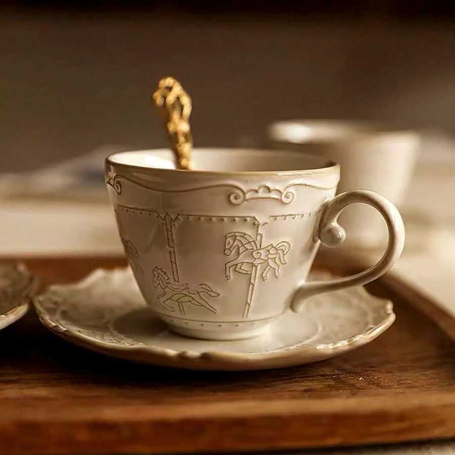 Nordic Style White Ceramic Coffee Cups Set Carousel Design Cups Set with Teapot with Plate Breakfast Milk Cup Excellent Gift C251224 - view 3