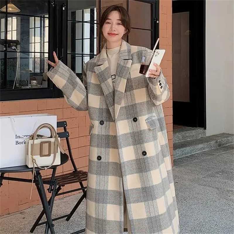 2025 Autumn/Winter Woman New Korean Simple Commuting Fashion Korean Checkered Fabric Woolen Small Coat Womens Long Woolen CoatT251224
