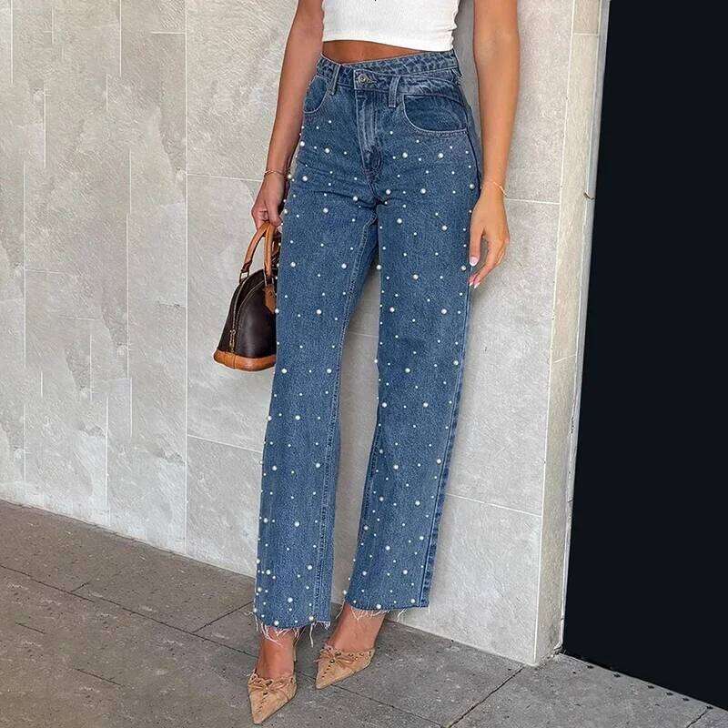 Elegant Pearl Beading Jeans Streetwear Y2K Vintage Denim Baggy Pants Chic Women Clothing Fashion 2025 X251224