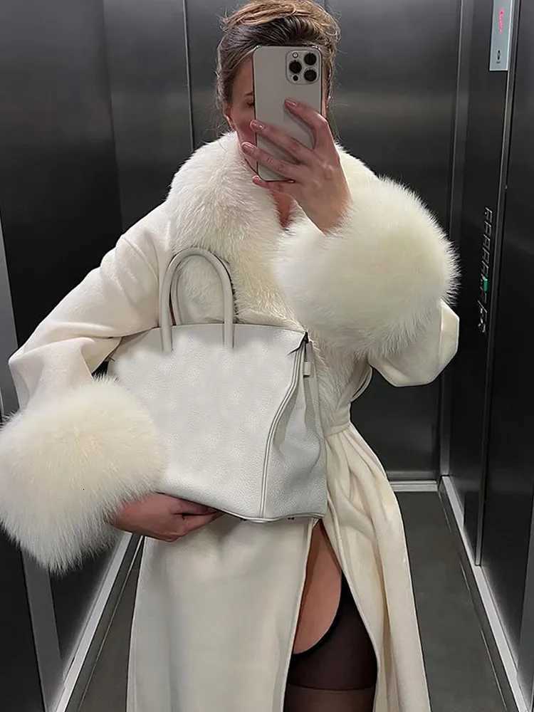 Women Solid Faux Fur Woolen Long Overcoat Patchwork V-neck Full Sleeve Lace Up Loose Coat 2025 Autumn New Lady Commute OutwearT251224