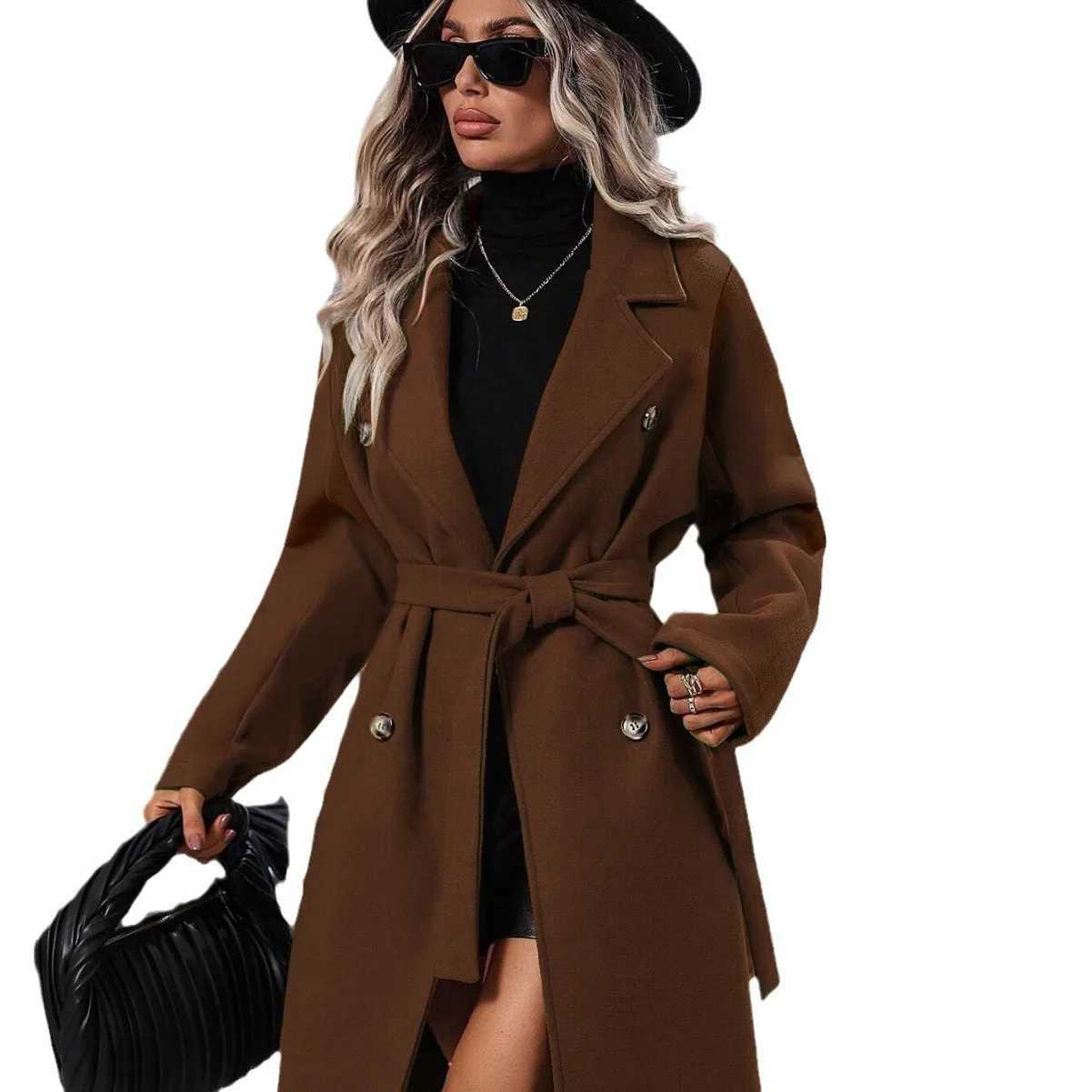 Women Turn Down Collar Thick Midi Length Wool Coat Pockets Casual Full Sleeve Double Breasted Blends Coats 2025 Autumn WinterT251224