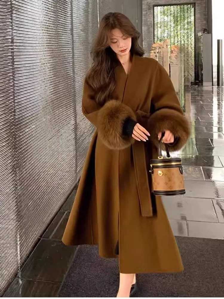 DFDG Caramel Brown Temperament Fashionable 2024 Autumn And Winter New Mid To Long Woolen Coat Jacket For WomenT251224