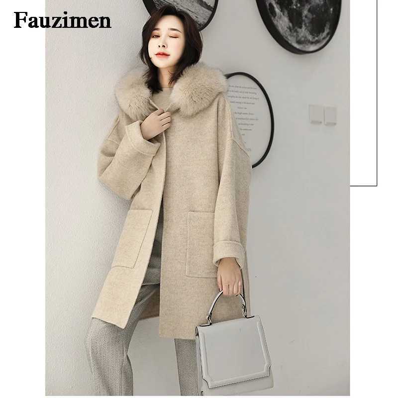 Cashmere Jacket Women Ladies Hand Made Women Fox Fur Collar Wool Coat Casual Winter Wool Jacket Woolen Overcoat Cashmere CoatT251224