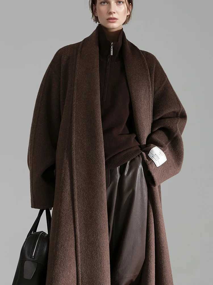 Bathrobe Style Loose 100Wool Coat Women Fashio Elegant Autumn Winter Jacket 2025T251224