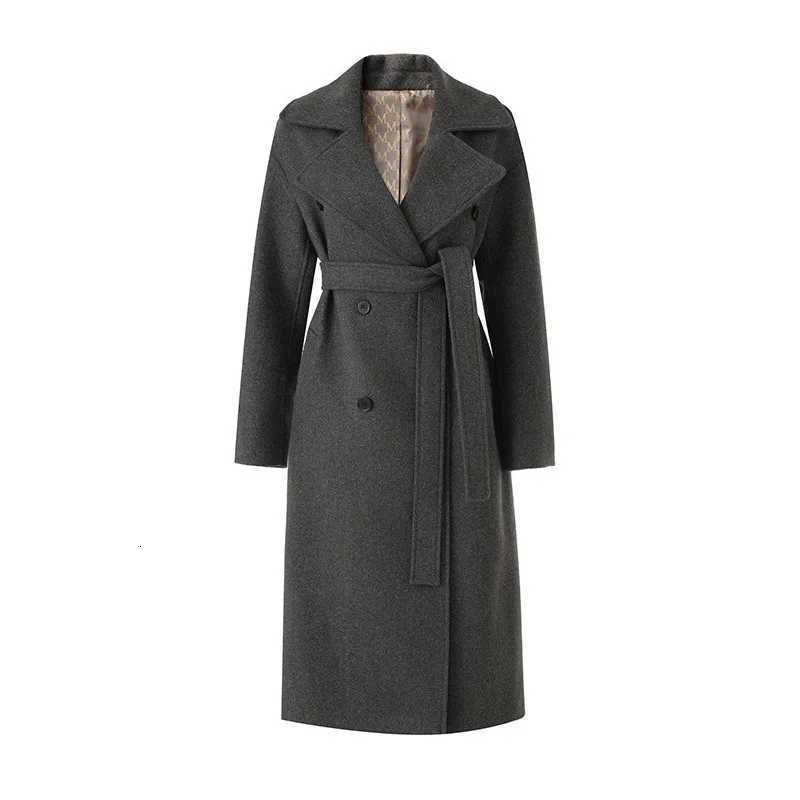 Dark Grey Womens Turn-Down Collar Double-faced Woolen Coat Autumn Winter Loose Casual Mid-Length Straight Overcoat With BeltT251224