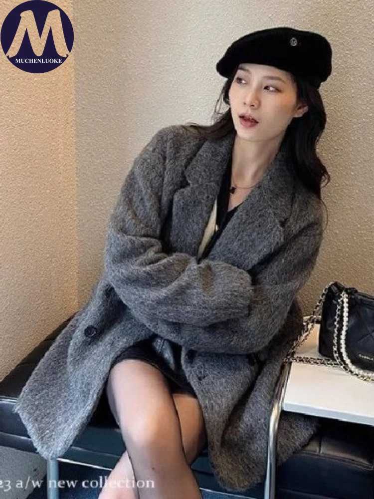 Coats for Woman Autumn Winter New Elegant Long Sleeves Thickening Woolen Suit Jacket Korean Fashion Casual Loose Keep Warm CoatT251224