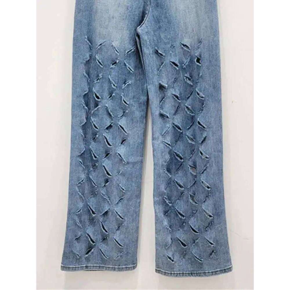 DEAT Women's Denim Pants Broken Holes Diamonds Tassel Design Female Blue Straight Long Jeans 2025 Summer New Fashion 29L8046 X251224