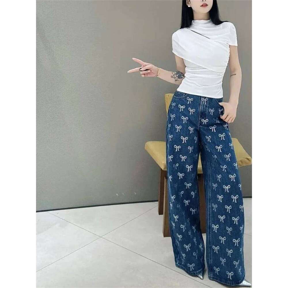 Women's Bow Hot Diamond Jeans Zipper Fly Vintage 2025 Early Autumn Lady Denim Wide Leg Long Pants X251224
