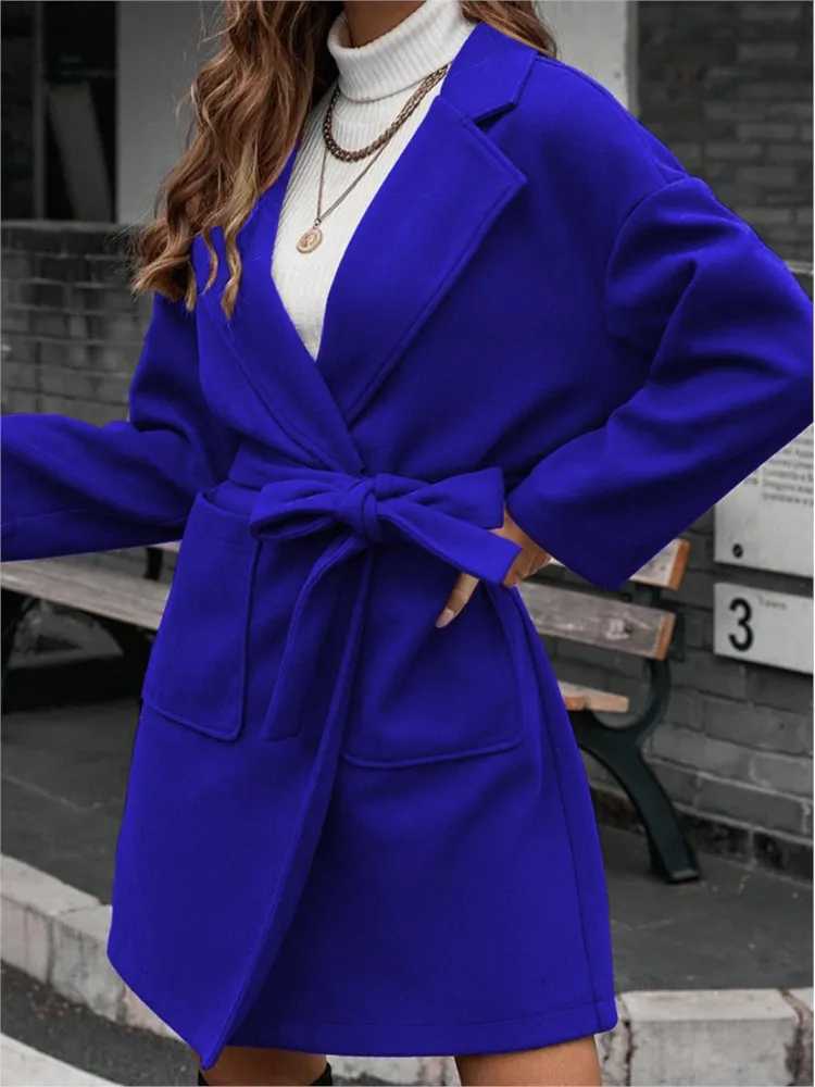 New Autumn Winter Womens Woolen Long-sleeved Casual Long Coats Fashion Pockets Elegant Laces Female Suit Collar Woolen CoatsT251224