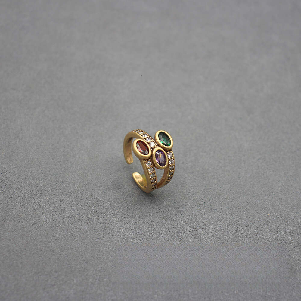 Brass Gold-Plated Electroplated Colorful Zircon Inlaid Antique Open Snake Head Ring High-End Jewelry