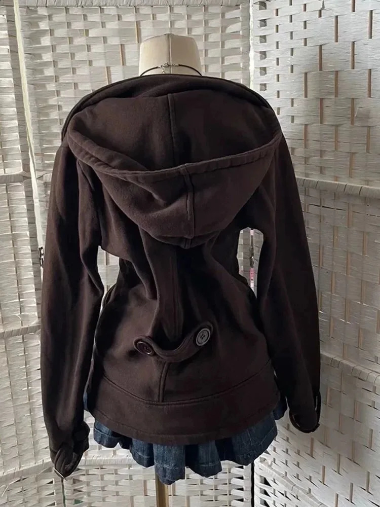 French Vintage High Street Hooded Coat Women Fashion Slim Double-breasted Jacket Aesthetic Fit Chic Retro Y2k Outfit 251223