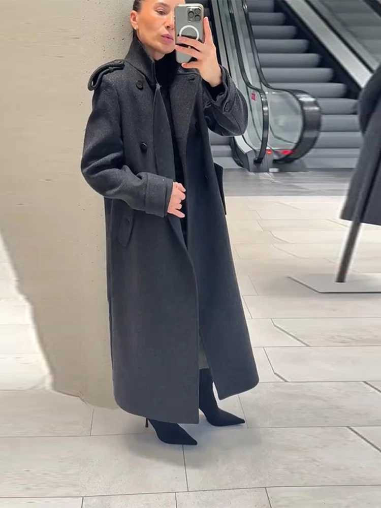 Casual Long Woolen Women Coat Fashion Stand Collar Full Sleeve Double Breasted Female Outwear 2026 Spring Autumn Lady StreetwearT251224