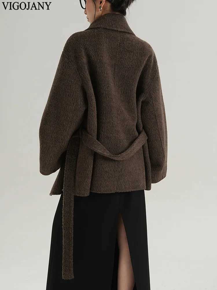 2025 Women Brown Nature 100 Wool Coat Elegant Long Sleeve Loose Cashmere Jacket Winter Lady Casual Turndown Collar Woolen CoatT251224