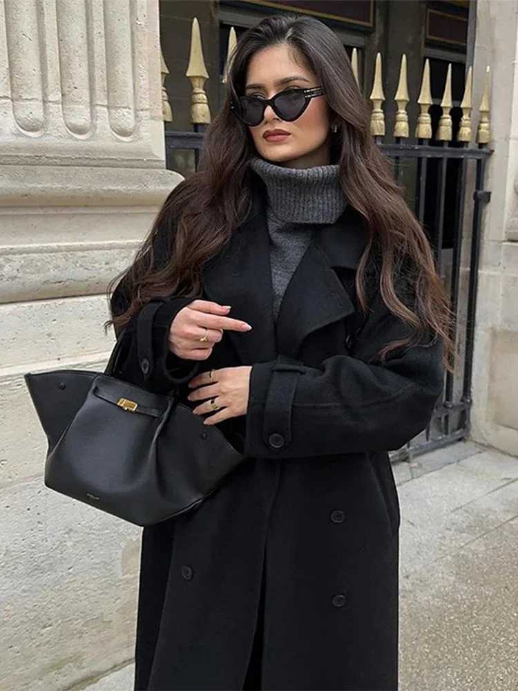 Fashion Woolen Women Coat With Belts Elegant Solid Double Breasted Turn-down Collar Lady Long Jacket 2024 Autumn Vintage OutwearT251224