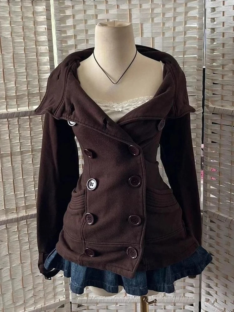 French Vintage High Street Hooded Coat Women Fashion Slim Double-breasted Jacket Aesthetic Fit Chic Retro Y2k Outfit 251223
