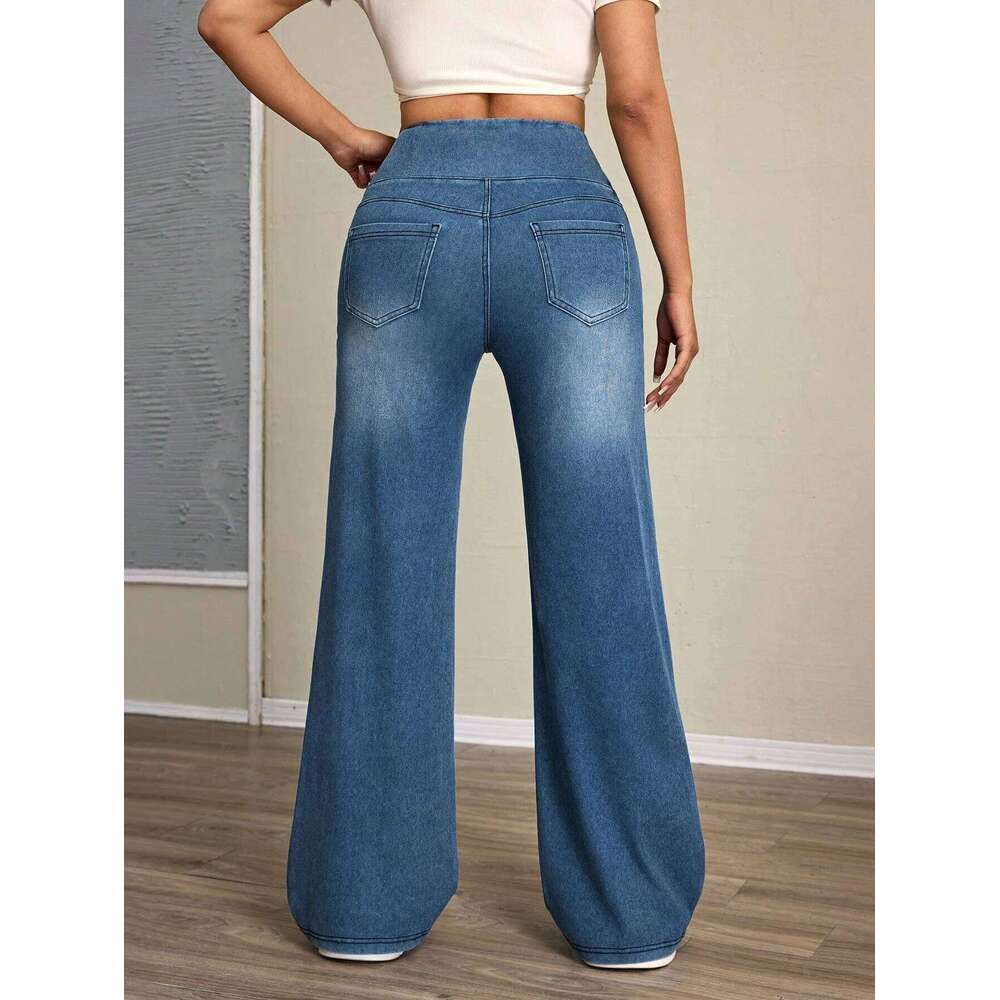Women's high-rise wide-leg jeans with tummy tuck, slim fit, made from stretch denim fabric, are stylish for casual everyday wear X251224
