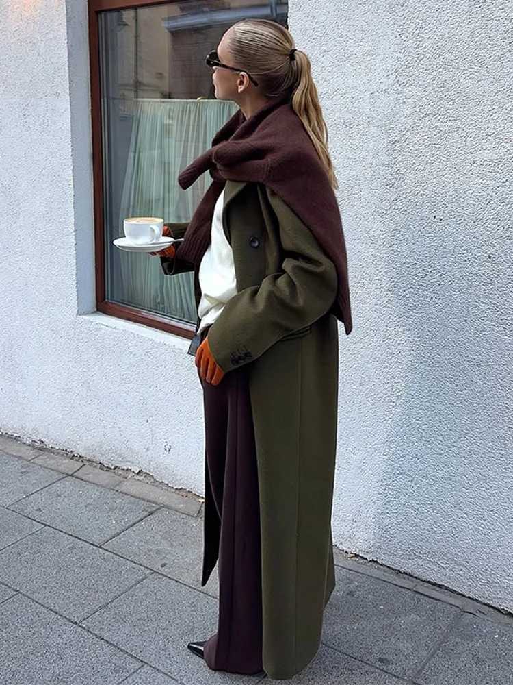 Fashion Green Long Woolen Coats Women Loose Lapel Double Breasted Full Sleeve Overcoats 2025 Autumn Winter Lady Commute OutwearT251224