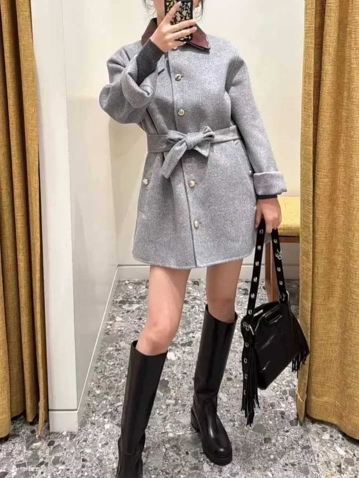 Gray Womens Lace-up Coat Detachable Collar Double-sided Woolen Single Breasted 2025 Autumn Winter Lady JacketT251224