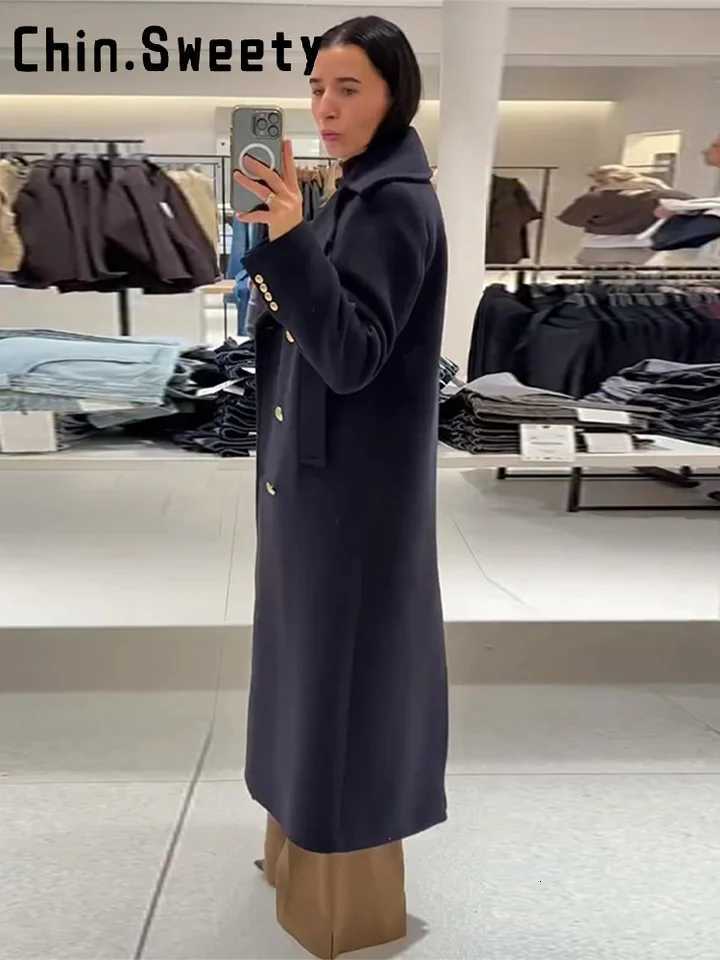 Fashion Lapel Dark Blue Long Woolen Blend Coat Women Double Breast Long Sleeve Chic Overcoat 2026 Spring Lady Outwears NewT251224