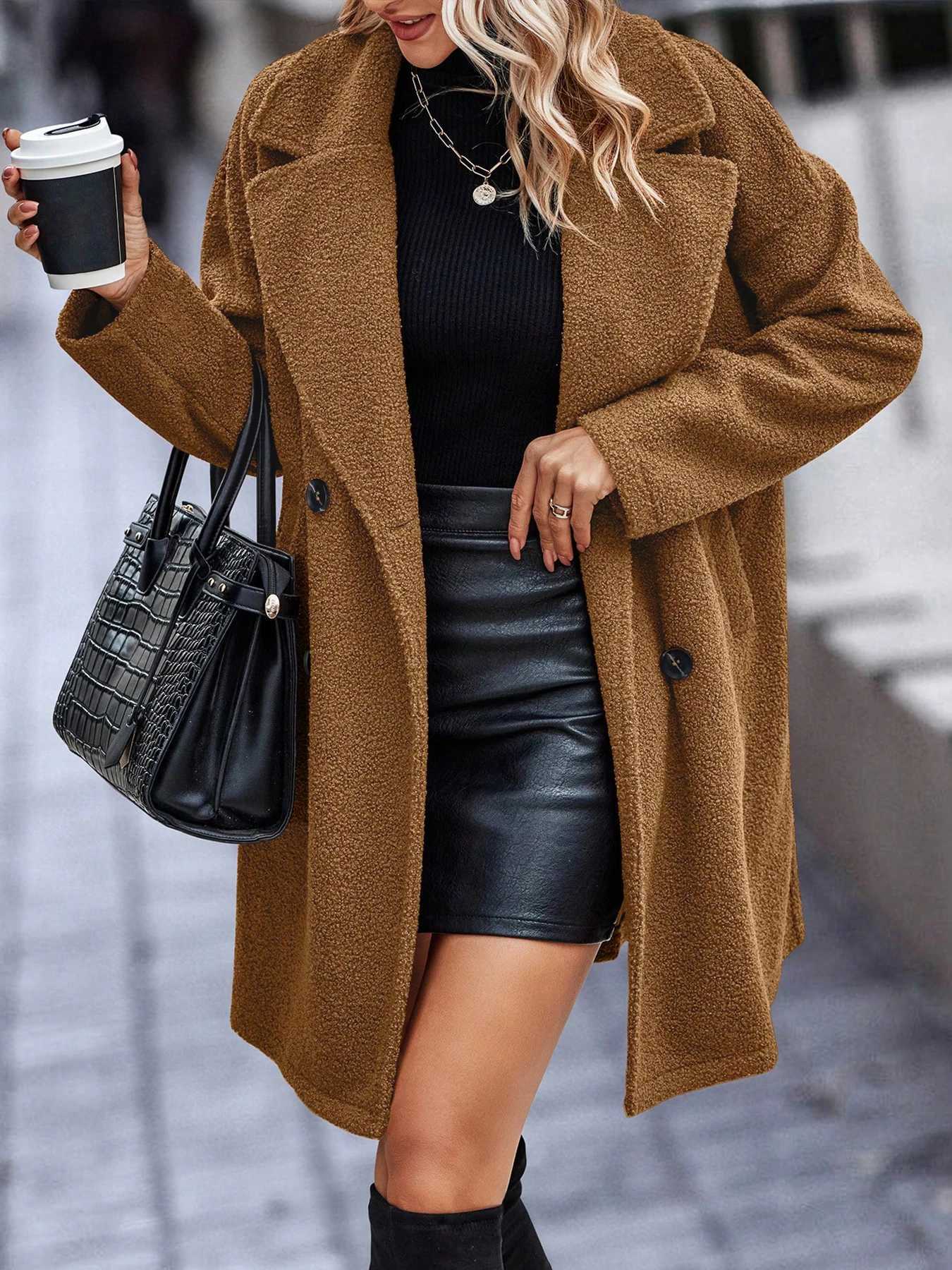 Wool Blends Overcoat Winter Keep Warm Womens Jacket Lining Elegant Fashion Lapel Coat Double Breasted Minimalist Street JacketsT251224