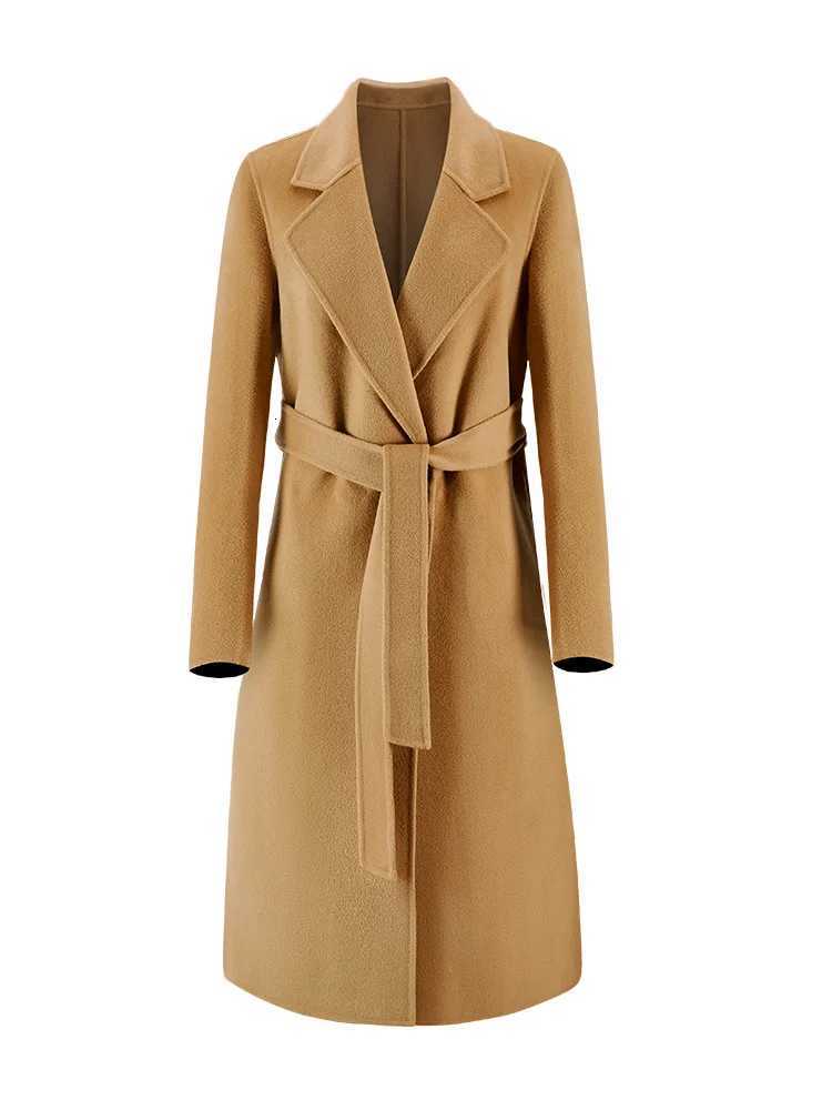 CAIXINGLE 2024 Autumn 100 Wool Coats With Belt Fashion Open Stitch Elegant Woolen Cashmere Coat Veste Femme TopsT251224