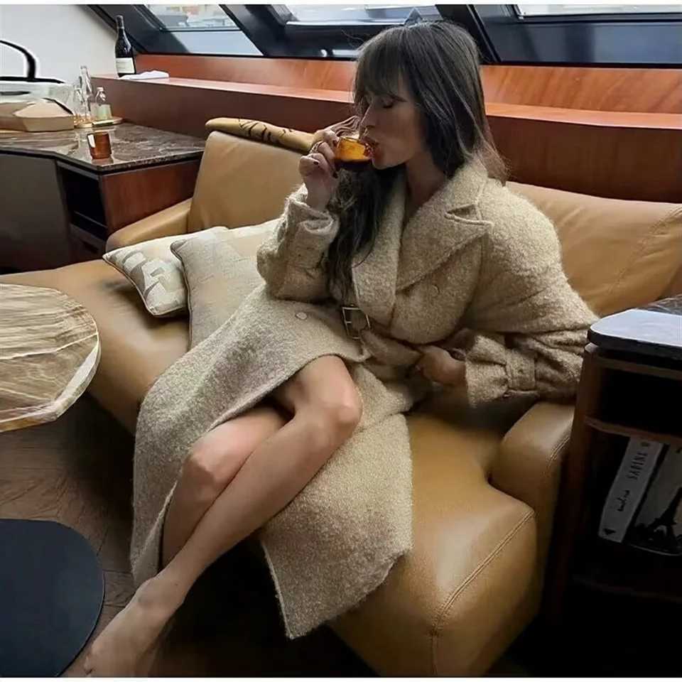 2024 Autumn New Womens Fashion Style Belt with Woolen Hoop Coat Loose Double breasted Casual CoatT251224