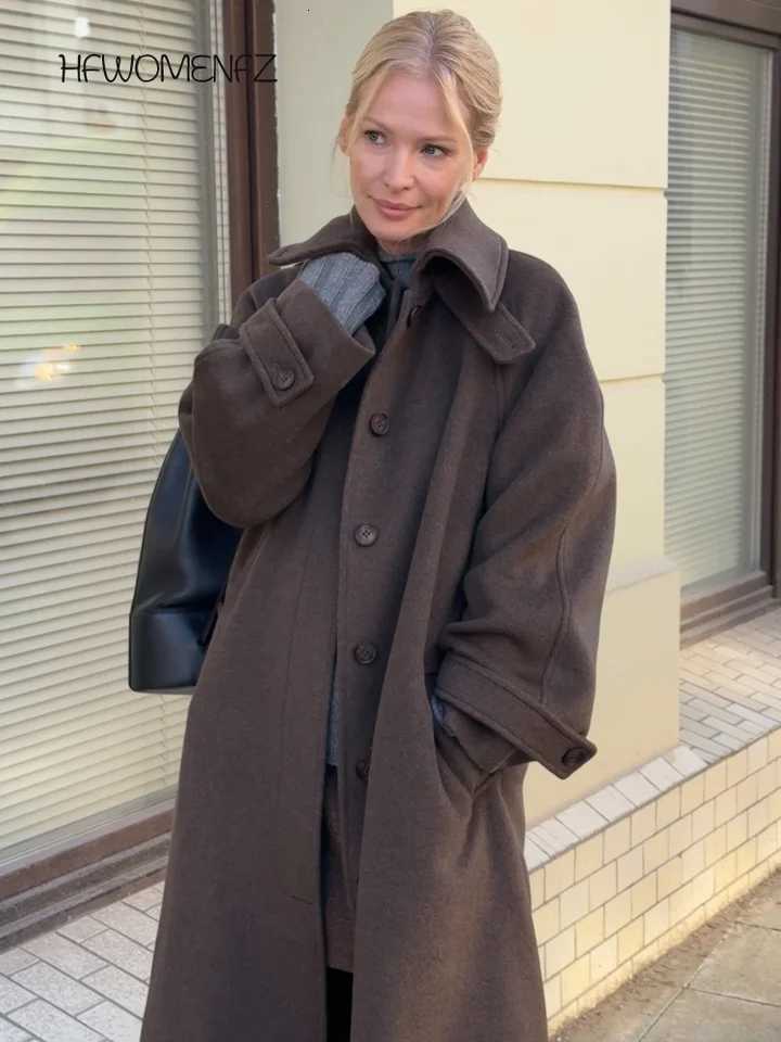 Elegant Lace Up Woolen Coats Women Solid Full Sleeve Single Breasted Turn-down Collar Long Coat Female 2026 Spring Lady OutwearT251224