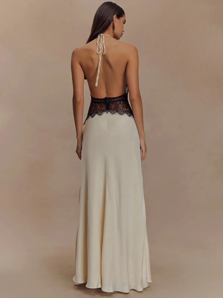 Mozision Summer Backless Sexy Maxi Women Gown Patchwork Lace Halter Deep V Neck Sleeveless High Waist Elegant Long Dress 251223 C260311