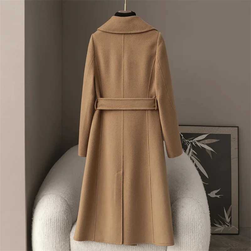2025 Autumn 100 Wool Coats With Belt Fashion Open Stitch Elegant Woolen Cashmere Coat Veste Femme TopsT251224